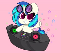 Size: 3300x2900 | Tagged: safe, artist:kittyrosie, dj pon-3, vinyl scratch, pony, unicorn, g4, colored pupils, cute, dj booth, ear fluff, female, high res, mare, pink background, record, simple background, smiling, solo, stars, turntable, vinylbetes