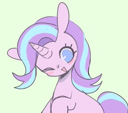 Size: 903x797 | Tagged: safe, artist:10uhh, starlight glimmer, pony, unicorn, g4, blushing, cute, female, glimmerbetes, green background, looking at you, mare, no pupils, one eye closed, open mouth, simple background, solo, wink