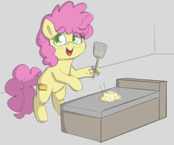 Size: 868x727 | Tagged: safe, artist:heretichesh, li'l cheese, earth pony, pony, g4, the last problem, bipedal, blushing, cheese, female, filly, food, gouda, grill, grilled cheese, happy, smiling, solo, spatula