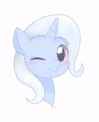 Size: 1569x1920 | Tagged: dead source, safe, artist:ginmaruxx, trixie, pony, unicorn, g4, blushing, bust, cute, diatrixes, female, looking at you, mare, one eye closed, portrait, simple background, smiling, solo, weapons-grade cute, white background, wink