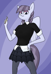 Size: 1360x1980 | Tagged: safe, artist:moonatik, inky rose, pegasus, anthro, g4, abstract background, braid, clothes, eyeshadow, female, hand, looking at you, makeup, mare, pencil, shirt, skirt, solo, tights, wings