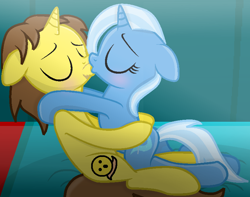 Size: 776x610 | Tagged: safe, alternate version, artist:grapefruitface1, artist:ukulelemoon, trixie, oc, oc:grapefruit face, pony, g4, base used, bed, bedroom, canon x oc, curtains, female, grapexie, kissing, male, self insert, shipping, show accurate, straight