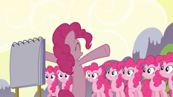 Size: 1366x768 | Tagged: safe, screencap, pinkie pie, earth pony, pony, g4, too many pinkie pies, bipedal, clone, hooves up, pinkie pie clones, sketch pad, solo