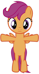 Size: 1000x1896 | Tagged: safe, artist:horses are fuckin weird, scootaloo, pegasus, pony, g4, bipedal, female, filly, looking at you, meme, shitposting, simple background, solo, t pose, transparent background, vector