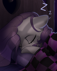 Size: 2707x3349 | Tagged: safe, artist:nookprint, fluttershy, pegasus, pony, g4, bed, blanket, cute, eyes closed, female, floppy ears, high res, indoors, mare, night, onomatopoeia, pillow, shyabetes, sleeping, solo, sound effects, stray strand, zzz