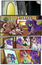 Size: 1800x2740 | Tagged: safe, artist:candyclumsy, oc, oc:king speedy hooves, oc:queen galaxia (bigonionbean), oc:tommy the human, alicorn, human, pony, comic:the fusion flashback 2, alicorn oc, alicorn princess, alicornified, bandage, bed, canterlot, canterlot castle, clothes, comic, commissioner:bigonionbean, cuddling, cutie mark, eyes closed, family photo, father and child, father and son, female, fireplace, full moon, fusion, fusion:big macintosh, fusion:flash sentry, fusion:princess cadance, fusion:princess celestia, fusion:princess luna, fusion:shining armor, fusion:trouble shoes, fusion:twilight sparkle, hair bun, horn, hospital bed, hugging a pony, human oc, husband and wife, iv drip, male, moon, mother and child, mother and son, nuzzling, pajamas, photos, picture frame, ponified, pony sized pony, ponytail, race swap, royal family, royalty, shrub, sleeping, wings, writer:bigonionbean