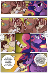 Size: 1800x2740 | Tagged: safe, artist:candyclumsy, oc, oc:king speedy hooves, oc:queen galaxia (bigonionbean), oc:tommy the human, alicorn, human, pony, comic:the fusion flashback 2, alicorn oc, alicorn princess, butt, canterlot, canterlot castle, clothes, comic, commissioner:bigonionbean, cuddling, cutie mark, dialogue, ethereal mane, eyes closed, father and child, father and son, female, fireplace, fusion, fusion:big macintosh, fusion:flash sentry, fusion:princess cadance, fusion:princess celestia, fusion:princess luna, fusion:shining armor, fusion:trouble shoes, fusion:twilight sparkle, horn, huge butt, hugging a pony, human oc, husband and wife, kissing, large butt, male, mother and child, mother and son, nuzzling, pajamas, pony sized pony, royalty, sleeping, unconscious, wings, worried, writer:bigonionbean