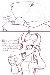 Size: 1340x2000 | Tagged: safe, artist:tsitra360, smolder, oc, oc:vanilla beam, pony, g4, comic, female, giant dragon, giantess, grabbing, holding a pony, macro, micro, open mouth, scales, size difference, sketch, sniffing, snout, tiny, tiny ponies