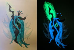 Size: 1000x667 | Tagged: safe, artist:brisineo, queen chrysalis, changeling, changeling queen, g4, black background, bust, crown, female, glow in the dark, glowing eyes, glowing horn, horn, jewelry, looking at you, magic, portrait, regalia, simple background, smiling, solo, traditional art, white background