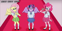 Size: 1768x875 | Tagged: safe, artist:atariboy2600, fluttershy, pinkie pie, twilight sparkle, alicorn, earth pony, pegasus, anthro, comic:my little toyetic, g4, :p, clothes, comic, female, hands together, horn, indoors, looking up, pencil, shoes, skirt, smiling, spread wings, talking, tongue out, twilight sparkle (alicorn), wings
