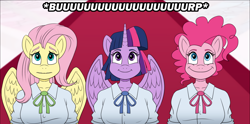 Size: 1768x875 | Tagged: safe, artist:atariboy2600, fluttershy, pinkie pie, twilight sparkle, alicorn, earth pony, pegasus, anthro, comic:my little toyetic, g4, burp, clothes, comic, female, horn, indoors, looking up, smiling, spread wings, twilight sparkle (alicorn), wings