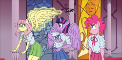 Size: 1768x875 | Tagged: safe, artist:atariboy2600, fluttershy, pinkie pie, twilight sparkle, alicorn, earth pony, pegasus, anthro, comic:my little toyetic, g4, :p, clothes, comic, detachable wings, female, horn, indoors, magic, modular, skirt, surprised, talking, telekinesis, tongue out, twilight sparkle (alicorn), wide eyes