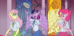 Size: 1768x875 | Tagged: safe, artist:atariboy2600, fluttershy, pinkie pie, twilight sparkle, alicorn, earth pony, pegasus, anthro, comic:my little toyetic, g4, clothes, comic, detachable horn, detachable wings, female, horn, indoors, looking back, looking up, magic, modular, open mouth, skirt, spread wings, surprised, talking, telekinesis, twilight sparkle (alicorn), wide eyes, wings