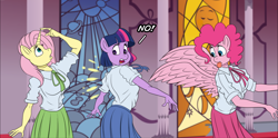 Size: 1768x875 | Tagged: safe, artist:atariboy2600, fluttershy, pinkie pie, earth pony, pegasus, unicorn, anthro, comic:my little toyetic, g4, :p, body part swap, clothes, comic, earth pony twilight, female, horn, indoors, looking back, looking up, missing horn, modular, open mouth, pegasus pinkie pie, race swap, skirt, smiling, surprised, talking, tongue out, unicorn fluttershy, wide eyes, wingless