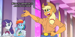 Size: 1768x875 | Tagged: safe, artist:atariboy2600, applejack, rainbow dash, rarity, earth pony, pegasus, unicorn, anthro, comic:my little toyetic, g4, belt, clothes, comic, female, freckles, hat, indoors, nose picking, open mouth, talking