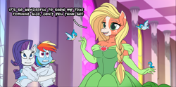 Size: 1768x875 | Tagged: safe, artist:atariboy2600, applejack, rainbow dash, rarity, bird, earth pony, pegasus, unicorn, anthro, comic:my little toyetic, g4, alternate hairstyle, applejack (g5 concept leak), breasts, busty applejack, clothes, comic, dialogue, disney font, dress, evening gloves, female, freckles, g5 concept leak style, g5 concept leaks, gloves, hug, indoors, jesus christ how horrifying, lip bite, long gloves, open mouth, scared, talking, tomboy taming, transformation