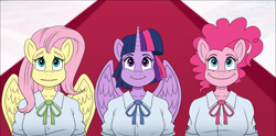 Size: 1768x875 | Tagged: safe, alternate version, artist:atariboy2600, fluttershy, pinkie pie, twilight sparkle, alicorn, earth pony, pegasus, anthro, comic:my little toyetic, g4, burp, clothes, comic, female, horn, indoors, looking up, smiling, spread wings, textless version, twilight sparkle (alicorn), wings