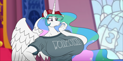 Size: 1768x875 | Tagged: safe, alternate version, artist:atariboy2600, princess celestia, alicorn, anthro, comic:my little toyetic, baseball cap, big breasts, breasts, busty princess celestia, cap, clothes, comic, female, hat, huge breasts, indoors, maga hat, make equestria great again, smiling, solo, textless version, thinking