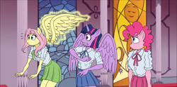 Size: 1768x875 | Tagged: safe, alternate version, artist:atariboy2600, fluttershy, pinkie pie, twilight sparkle, alicorn, earth pony, pegasus, anthro, comic:my little toyetic, g4, :p, amputation, clothes, comic, detachable wings, female, horn, indoors, magic, modular, skirt, surprised, telekinesis, textless version, tongue out, twilight sparkle (alicorn), wide eyes