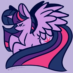Size: 2000x2000 | Tagged: safe, artist:bigbobchan_, twilight sparkle, alicorn, pony, g4, eyes closed, female, high res, mare, profile, purple background, simple background, solo, spread wings, twilight sparkle (alicorn), wings
