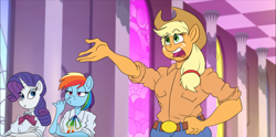 Size: 1768x875 | Tagged: safe, alternate version, artist:atariboy2600, applejack, rainbow dash, rarity, earth pony, pegasus, unicorn, anthro, comic:my little toyetic, g4, belt, clothes, comic, female, freckles, hat, indoors, nose picking, open mouth, textless version