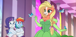 Size: 1768x875 | Tagged: safe, alternate version, artist:atariboy2600, applejack, rainbow dash, rarity, bird, earth pony, pegasus, unicorn, anthro, comic:my little toyetic, g4, alternate hairstyle, applejack (g5 concept leak), breasts, busty applejack, clothes, comic, dress, evening gloves, female, freckles, g5 concept leak style, g5 concept leaks, gloves, hug, indoors, jesus christ how horrifying, lip bite, long gloves, open mouth, scared, textless version, tomboy taming, transformation