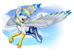 Size: 3000x2300 | Tagged: safe, artist:helemaranth, oc, oc only, oc:cirrus sky, hippogriff, flying, high res, hippogriff oc, male, open mouth, simple background, smiling, solo, transparent background