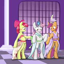 Size: 1280x1276 | Tagged: safe, artist:seidouryu, edit, apple bloom, scootaloo, sweetie belle, earth pony, pegasus, unicorn, semi-anthro, g4, make new friends but keep discord, season 5, adorabloom, arm hooves, bandeau, belly button, bipedal, blushing, bottomless, clothes, cute, cutealoo, cutie mark crusaders, diasweetes, dress, embarrassed, explicit source, female, filly, foal, gala dress, partial nudity, sfw edit, trio, trio female