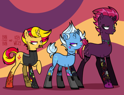 Size: 5169x4000 | Tagged: safe, artist:bonpikabon, artist:icicle-niceicle-1517, color edit, edit, fizzlepop berrytwist, sunset shimmer, tempest shadow, trixie, pony, unicorn, g4, 666, bedroom eyes, boots, broken horn, choker, clothes, cloud, collaboration, collar, colored, counterparts, ear piercing, earring, eyebrow piercing, eyeshadow, female, fishnet stockings, flower, grin, hairclip, heart, heartbreak, horn, jacket, jewelry, leather jacket, lip piercing, looking at each other, makeup, mare, open mouth, piercing, punk, punkset shimmer, raised hoof, rose, scar, shoes, sleeveless, smiling, socks, stockings, tail wrap, tattoo, thigh highs, thunder, trio, twilight's counterparts, wall of tags