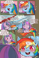 Size: 960x1440 | Tagged: safe, artist:cold-blooded-twilight, rainbow dash, twilight sparkle, pegasus, pony, unicorn, cold blooded twilight, comic:cold storm, g4, adorkable, blushing, blushing profusely, clothes, comic, cute, dashabetes, dialogue, dock, dork, drool, embarrassed, eyes closed, flustered, glowing eyes, happy, heart, hug, leggings, looking at each other, looking up, lore, raised tail, shivering, tail, unicorn twilight