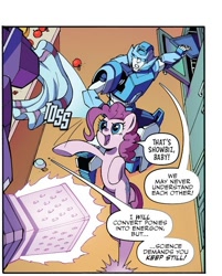 Size: 552x686 | Tagged: safe, pinkie pie, earth pony, pony, g4, spoiler:comic, spoiler:friendship in disguise, spoiler:friendship in disguise02, cheese grater, decepticon, female, gauge (autobot), mare, shockwave, transformers