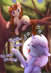 Size: 3500x5000 | Tagged: safe, artist:buttersprinkle, oc, oc only, oc:eula phi, oc:vird-gi, oc:virginia, pony, unicorn, braid, braided tail, branches, commission, duo, duo female, female, horn, music notes, rapunzel, signature, singing, sitting in a tree, smiling, text, tree, tree branch, unicorn oc