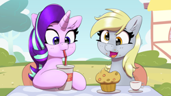Size: 4453x2500 | Tagged: safe, artist:pabbley, derpy hooves, starlight glimmer, pegasus, pony, unicorn, g4, cup, cute, day, derpabetes, duo, eating, food, friendshipping, glimmerbetes, happy, herbivore, high res, muffin, ponyville, sitting, table, talking, teacup, that pony sure does love muffins