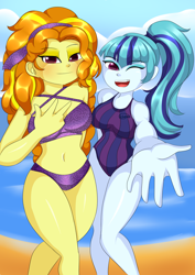 Size: 1240x1748 | Tagged: safe, artist:hwers, adagio dazzle, sonata dusk, equestria girls, g4, beach, belly button, bikini, blushing, clothes, cute, female, happy, ocean, one eye closed, one-piece swimsuit, open mouth, ponytail, swimsuit