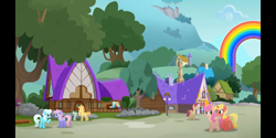 Size: 2160x1080 | Tagged: safe, screencap, apple juice (g4), cardinal rose, cherry lemonade, cloud cover, confetti party, guiding heart, meadow bloom, spring sprout, stargazer, earth pony, pegasus, pony, unicorn, g4, my little pony: rainbow roadtrip, happy, photo, talking