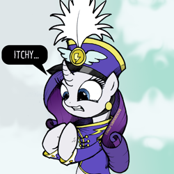 Size: 2000x2000 | Tagged: safe, artist:backgrounds-ponies, rarity, pony, unicorn, g4, ancient wonderbolts uniform, bipedal, bust, clothes, crying, female, gritted teeth, high res, hoof hold, itchy, mare, sgt. rarity, solo, speech bubble, uniform