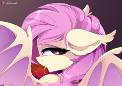 Size: 3426x2425 | Tagged: safe, artist:xsatanielx, fluttershy, bat pony, pony, g4, advertisement, apple, bat ponified, biting, female, flutterbat, food, high res, looking at you, patreon, patreon logo, patreon preview, paywall content, profile, race swap, solo