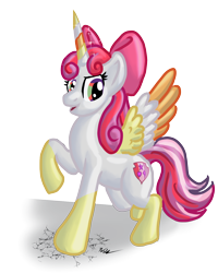 Size: 1200x1500 | Tagged: safe, artist:blademanunitpi, apple bloom, scootaloo, sweetie belle, alicorn, pony, g4, cutie mark, cutie mark crusaders, female, fusion, pose, simple background, solo, the cmc's cutie marks, the ultimate cutie mark crusader, transparent background, tricolor wings, we have become one