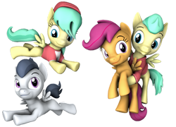 Size: 1280x923 | Tagged: safe, artist:pika-robo, barley barrel, pickle barrel, rumble, scootaloo, pegasus, pony, g4, 3d, assisted flying, barrel twins, brother and sister, colt, female, filly, flying, foal, friendshipping, male, siblings, simple background, source filmmaker, transparent background, twins