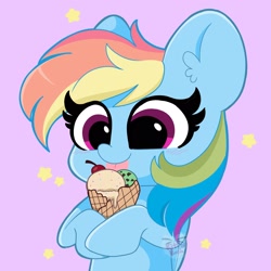 Size: 2048x2048 | Tagged: safe, artist:kittyrosie, rainbow dash, pegasus, pony, g4, cute, dashabetes, ear fluff, female, food, high res, ice cream, licking, mare, purple background, simple background, solo, stars, tongue out, waffle cone