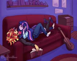 Size: 3000x2400 | Tagged: safe, artist:overlordneon, sunset shimmer, twilight sparkle, equestria girls, g4, book, clothes, couch, duo, female, guitar, high res, jeans, legs in air, lesbian, lying down, lying on top of someone, missing shoes, musical instrument, pants, prone, ship:sunsetsparkle, shipping, skirt, smiling, socks, the pose, thigh highs