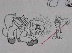 Size: 2013x1499 | Tagged: safe, artist:drheartdoodles, oc, oc:dr.heart, clydesdale, pegasus, pony, unicorn, angry, background pony, behaving like a cat, laser pointer, magic, size difference, traditional art, yelling