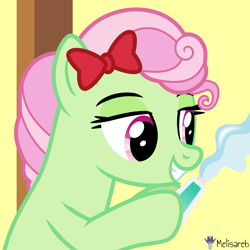 Size: 4000x4000 | Tagged: safe, artist:melisareb, florina tart, earth pony, pony, g4, .svg available, absurd resolution, apple family member, bedroom eyes, female, fluorine, holding, mare, pun, ribbon, show accurate, simple background, smiling, solo, toothpaste, vector, visual pun, yellow background