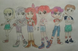 Size: 2010x1321 | Tagged: safe, artist:jebens1, apple bloom, scootaloo, sweetie belle, equestria girls, g4, my little pony equestria girls: legend of everfree, boots, clothes, clothes swap, converse, cowboy boots, cutie mark crusaders, female, jeans, looking at you, pants, pippi longstocking, shirt, shoes, shorts, simple background, skirt, traditional art