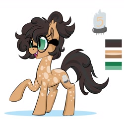 Size: 1302x1248 | Tagged: safe, artist:jen-neigh, oc, oc only, oc:nixie tube, earth pony, pony, coat markings, cute, cute little fangs, dappled, fangs, female, glasses, half bat pony, mare, raised leg, reference sheet, solo