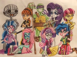 Size: 3689x2738 | Tagged: safe, artist:bozzerkazooers, melody, ocellus, patch (g1), rarity, silverstream, sweetie belle, equestria girls, g1, g4, my little pony tales, april o'neil, blouse, boots, clothes, donatello, equestria girls-ified, female, fugitoid, g1 to equestria girls, g1 to g4, generation leap, high res, looking at you, ninja, pose, shirt, shoes, simple background, sitting, skirt, smiling, teenage mutant ninja turtles, traditional art