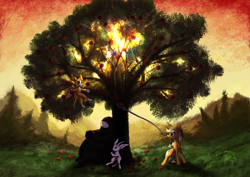 Size: 1654x1169 | Tagged: safe, artist:calena, applejack, nimbat, g4, apple, apple tree, crossover, crossover shipping, dust: an elysian tail, fidget, food, lens flare, naru, ori and the blind forest, shipping, sun, tree