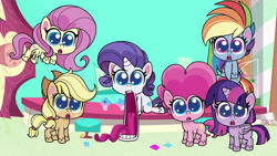 Size: 1920x1080 | Tagged: safe, screencap, applejack, fluttershy, pinkie pie, rainbow dash, rarity, twilight sparkle, pony, director spike's mockumentary, g4.5, my little pony: pony life, big eyes, dilated pupils, female, gem, jaw drop, looking at you, tongue out