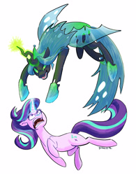 Size: 2480x3185 | Tagged: safe, artist:gintoki23, queen chrysalis, starlight glimmer, changeling, changeling queen, pony, unicorn, g4, the ending of the end, angry, determined, duo, female, fight, glare, glowing horn, high res, horn, magic, open mouth, smiling, smirk, starlight vs chrysalis, ultimate chrysalis