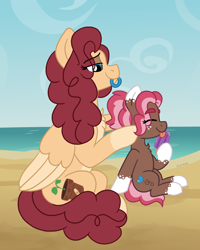 Size: 1730x2160 | Tagged: safe, artist:pink-pone, oc, oc:ginger bread, oc:heather, pony, beach, female, filly, food, mare, popsicle